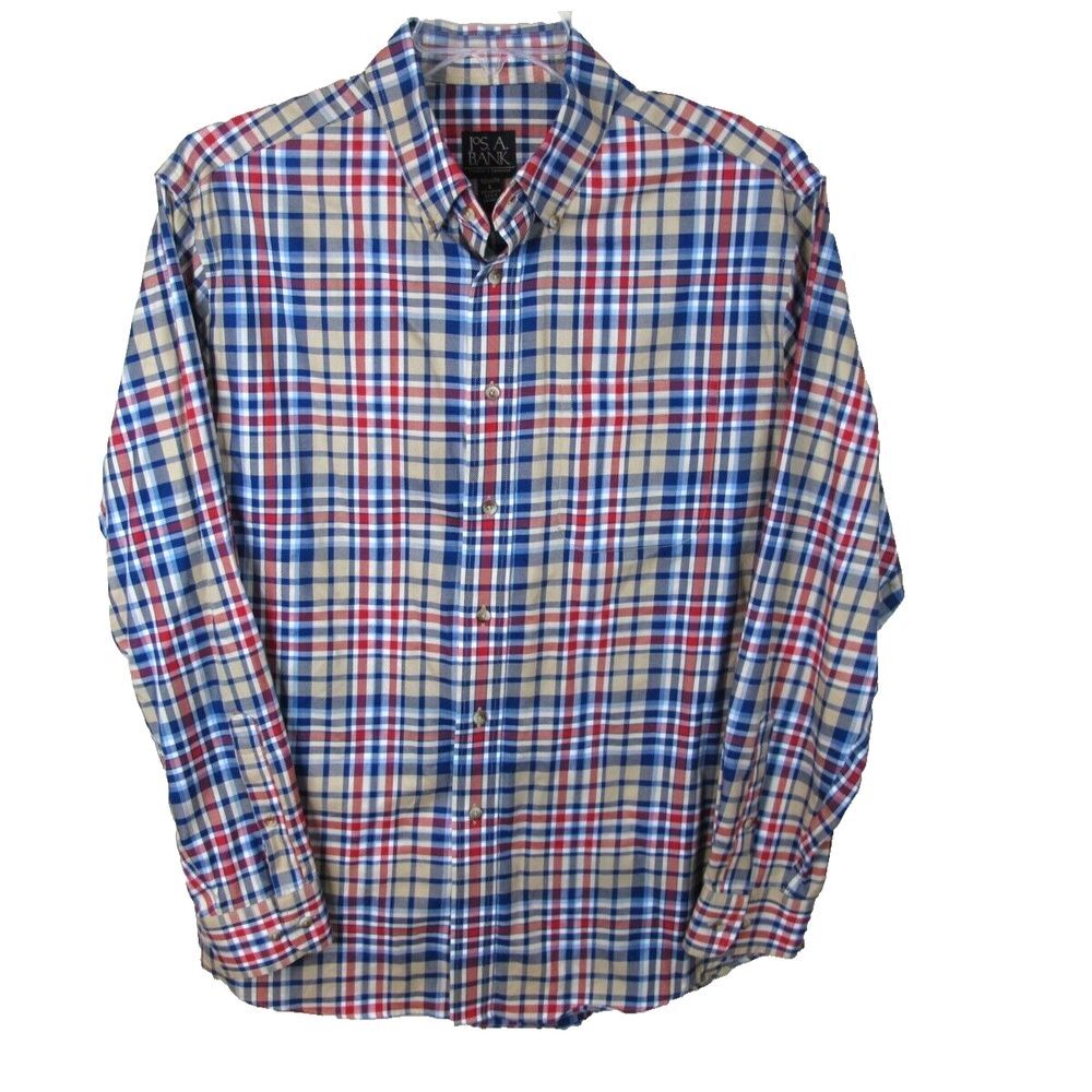 Jos A Bank Travelers Collection‎ Tailored Fit Button Down Shirt Men's L Plaid